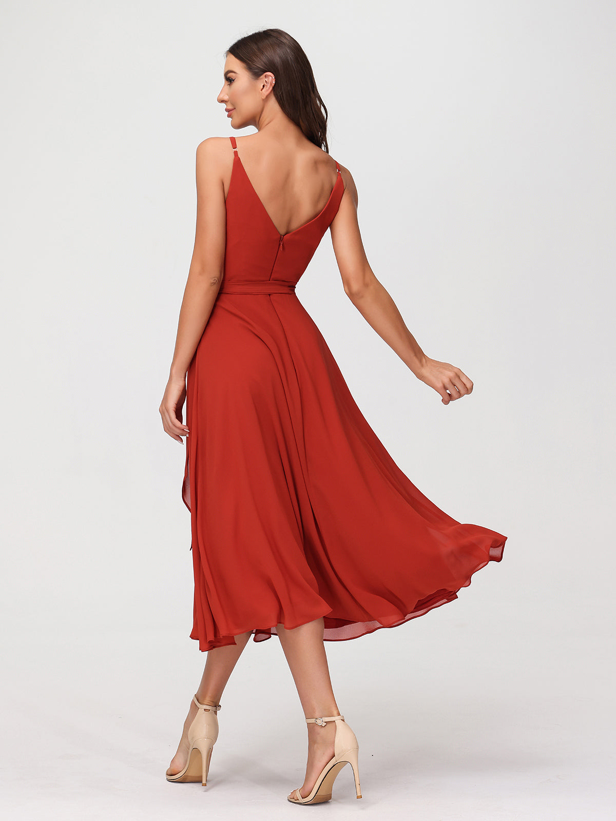 Spaghetti Strap T length Dress with Sash Bow Rust