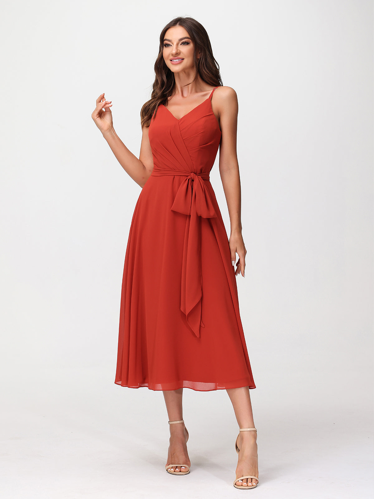 Spaghetti Strap T length Dress with Sash Bow Rust