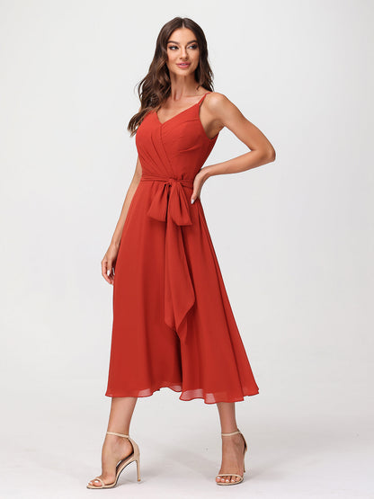 Spaghetti Strap T length Dress with Sash Bow Rust