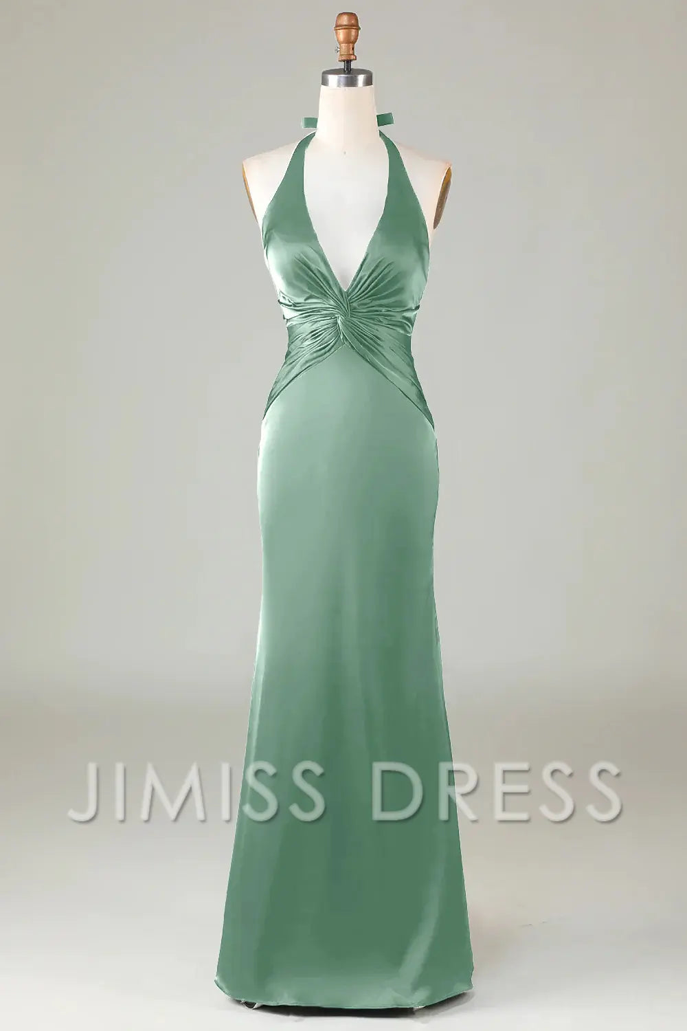 Jimiss-Fish tail hanging neck deep green long satin bridesmaid dress