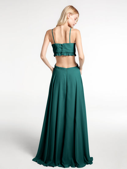 Spaghetti Strap Ruffled Chiffon Cutout Maxi Sexy Dress Peacock