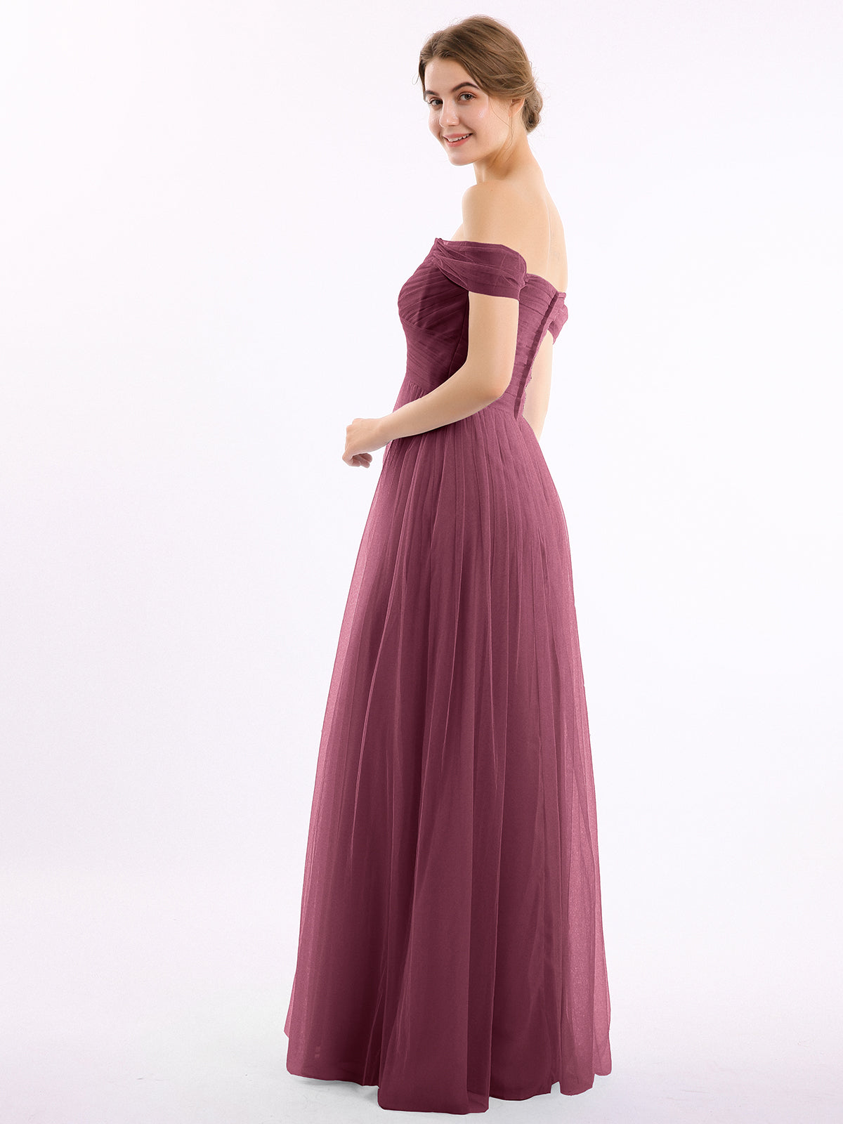 Off the Shoulder Sweetheart Neck Tulle Dress Mulberry