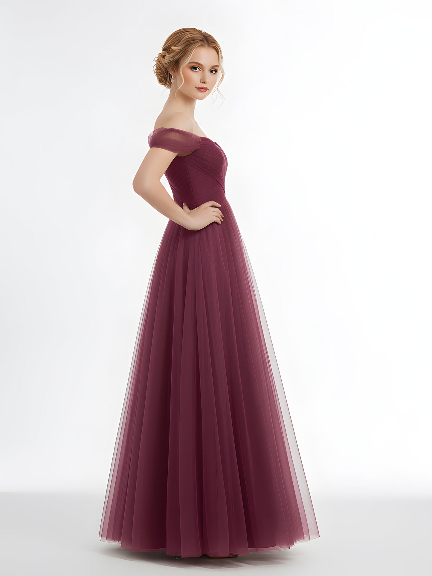 Off the Shoulder Sweetheart Neck Tulle Dress Mulberry