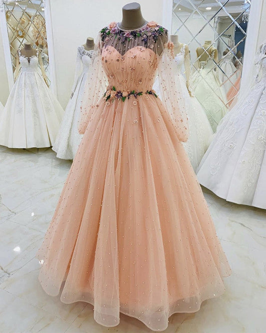 Long Sleeves Evening Dress Tulle Flowers Beaded