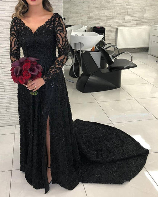 Long Sleeves Evening Dress Lace V Neck Leg Slit