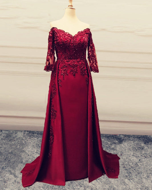 Mermaid V Neck Lace Sleeved Evening Dress Off The Shoulder