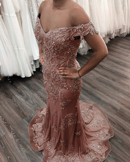 Mermaid Off The Shoulder Evening Dresses Lace Beaded Prom Gowns