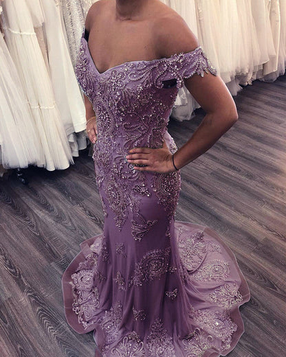 Mermaid Off The Shoulder Evening Dresses Lace Beaded Prom Gowns