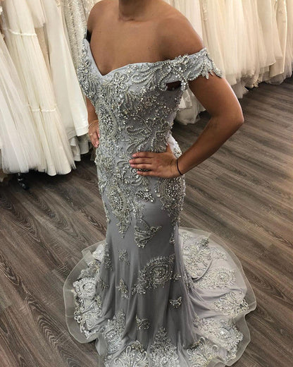 Mermaid Off The Shoulder Evening Dresses Lace Beaded Prom Gowns