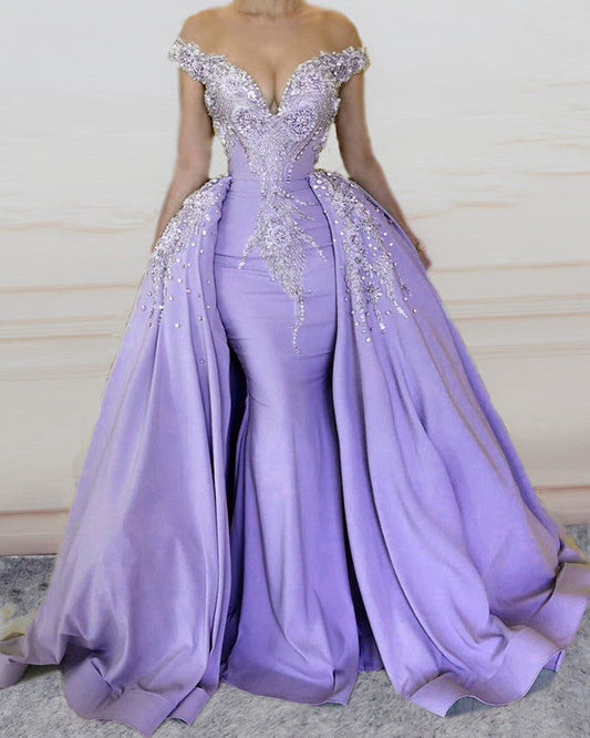 Mermaid Evening Dresses Satin Off The Shoulder Embroidery Beaded