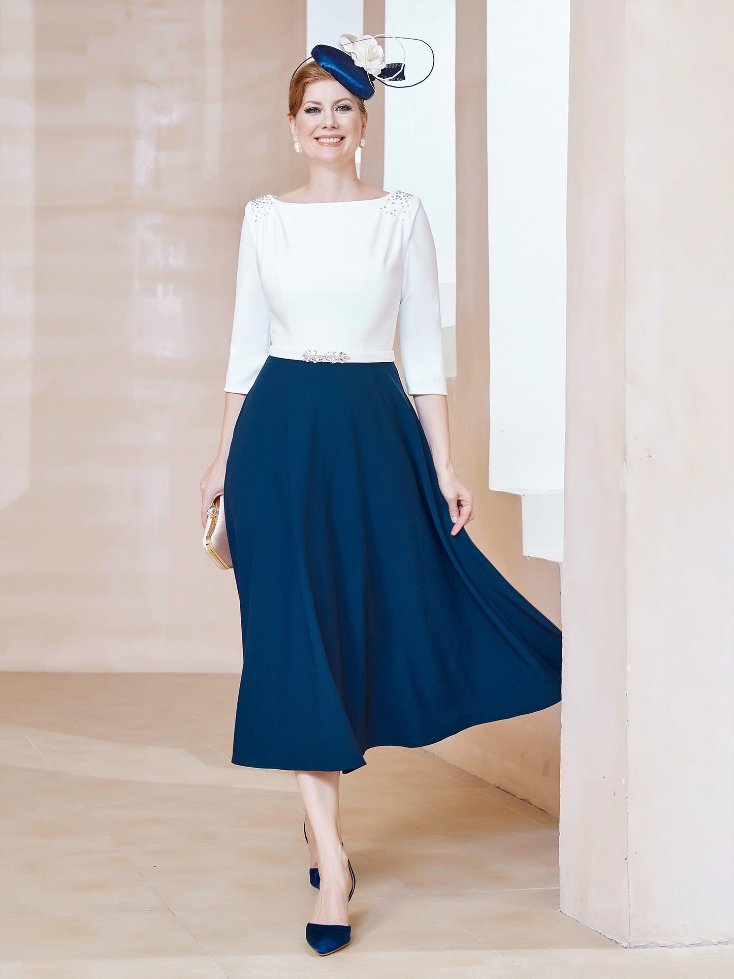 Stretch Crepe Scoop Tea-length Dress Navy Blue