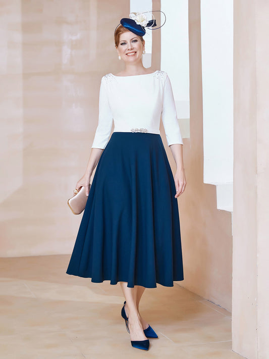 Stretch Crepe Scoop Tea-length Dress Navy Blue