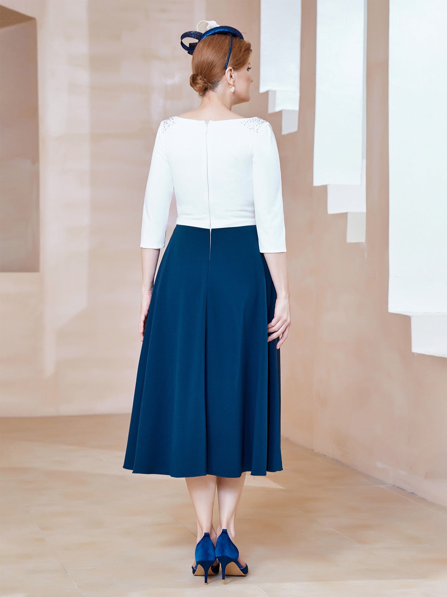 Stretch Crepe Scoop Tea-length Dress Navy Blue