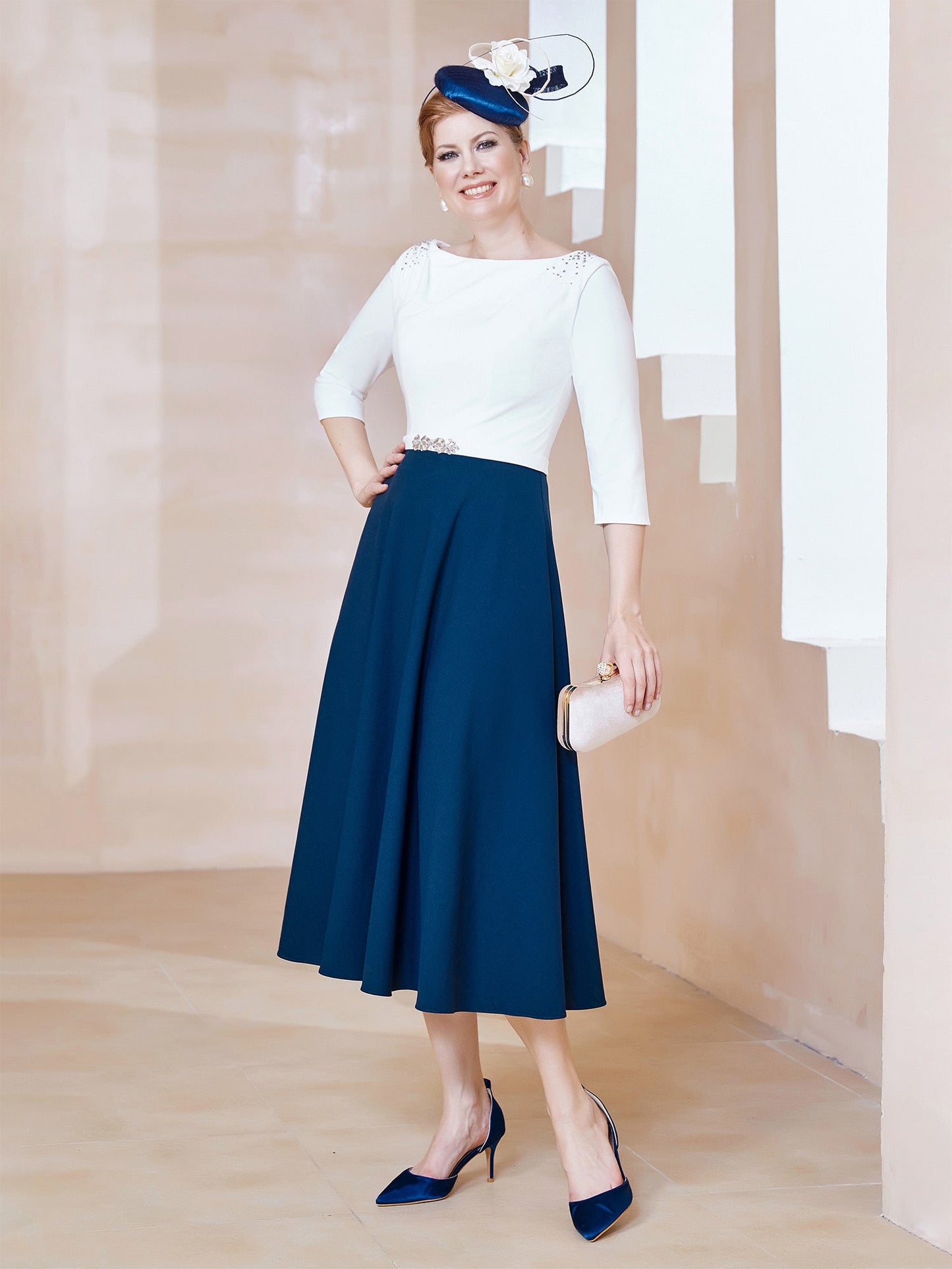 Stretch Crepe Scoop Tea-length Dress Navy Blue