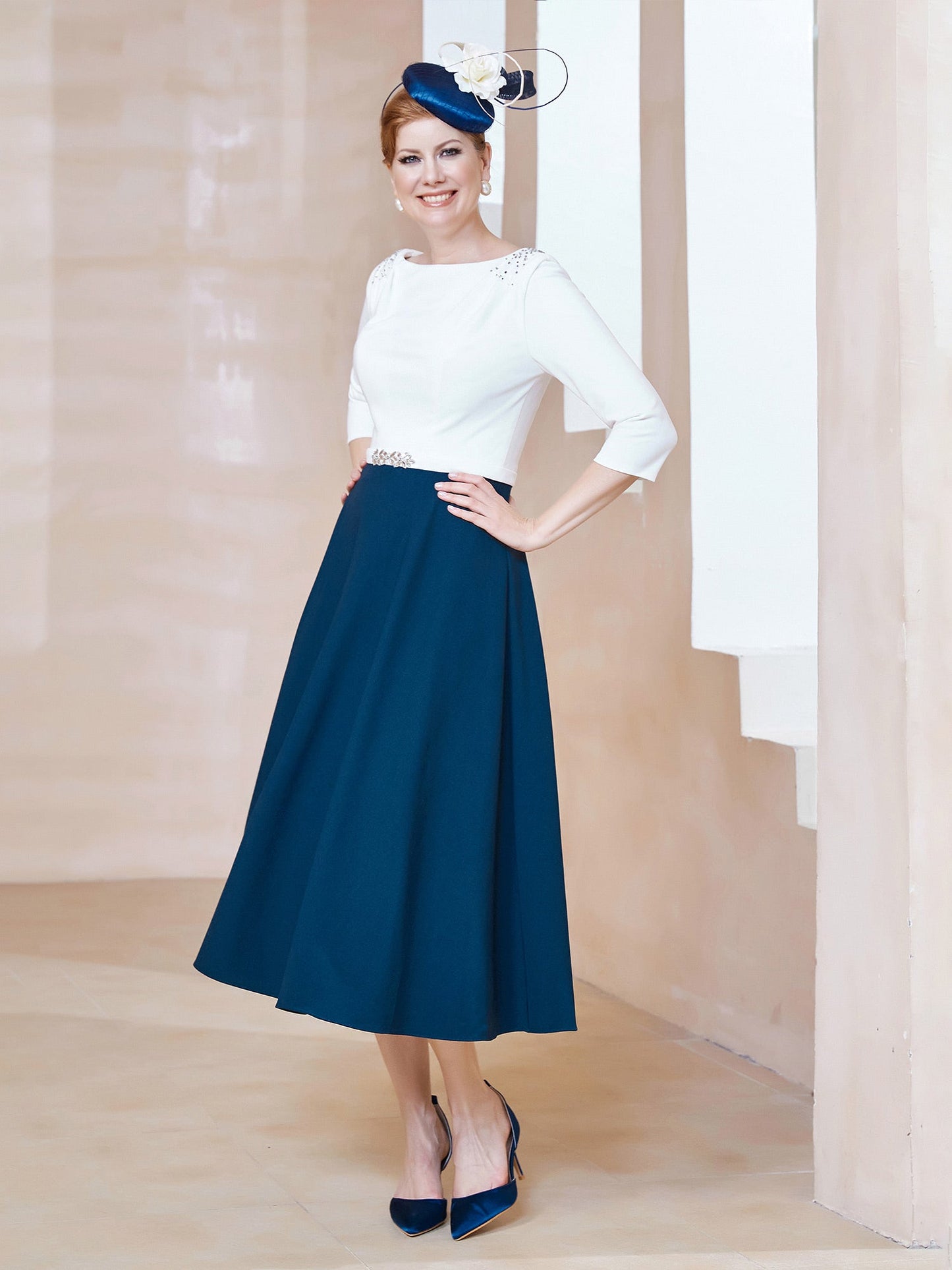Stretch Crepe Scoop Tea-length Dress Navy Blue