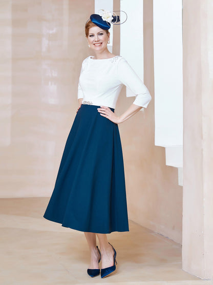 Stretch Crepe Scoop Tea-length Dress Navy Blue