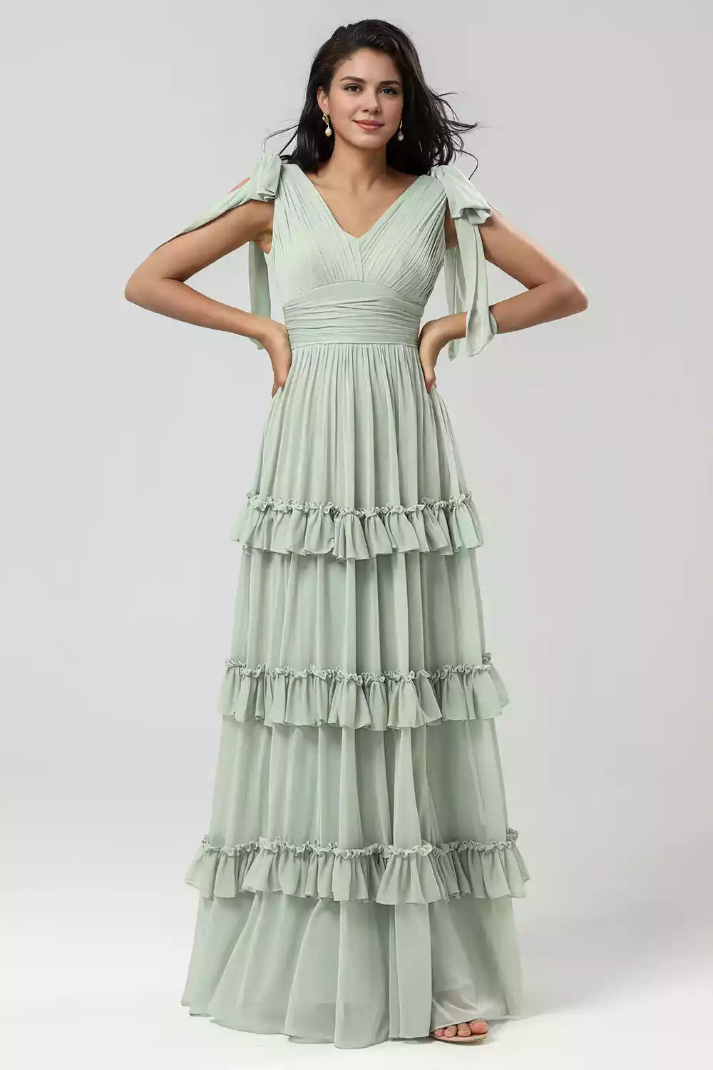 Exquisite chiffon V-neck sleeveless and floor layered ruffled Bridesmaid Dresses