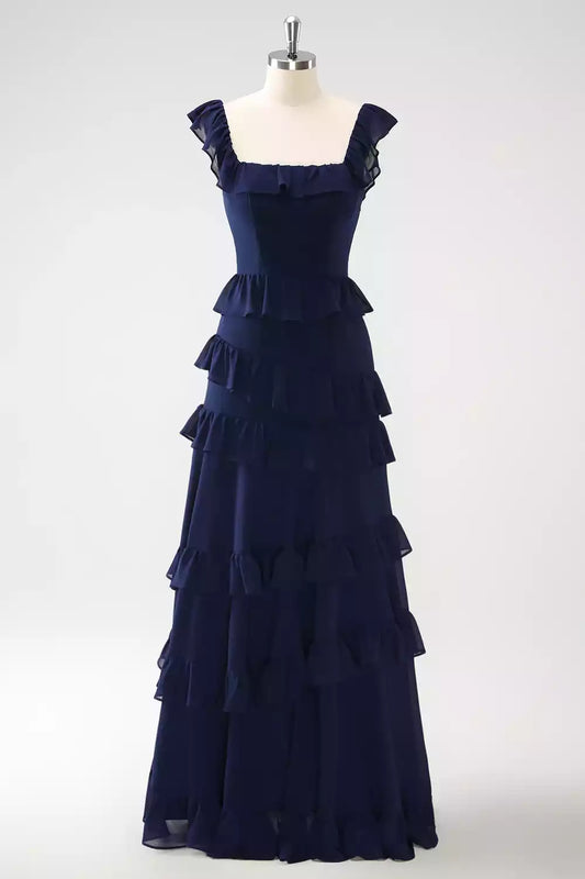 Exquisite chiffon square collar and ruffled hem off the shoulder, slim fit Bridesmaid Dresses