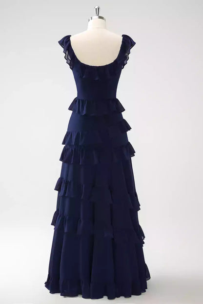 Exquisite chiffon square collar and ruffled hem off the shoulder, slim fit Bridesmaid Dresses