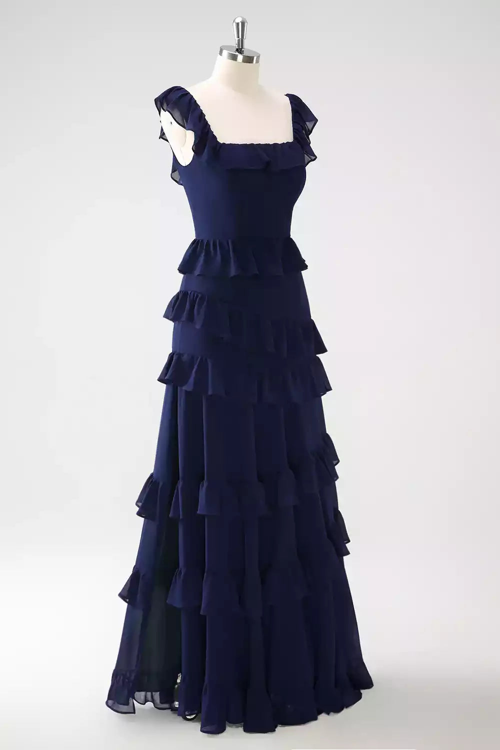 Exquisite chiffon square collar and ruffled hem off the shoulder, slim fit Bridesmaid Dresses