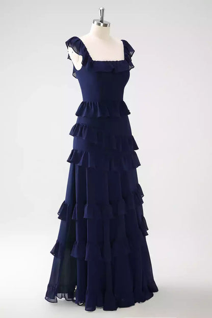 Exquisite chiffon square collar and ruffled hem off the shoulder, slim fit Bridesmaid Dresses