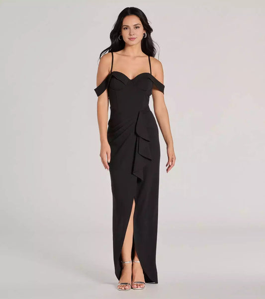 Exquisite crepe off shoulder heart-shaped neckline with adjustable thin shoulder straps, front slit with ruffle edge Prom Dresses