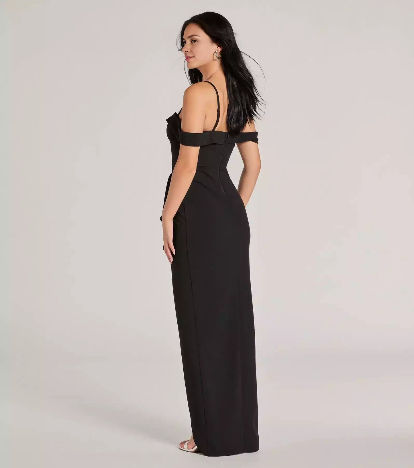 Exquisite crepe off shoulder heart-shaped neckline with adjustable thin shoulder straps, front slit with ruffle edge Prom Dresses