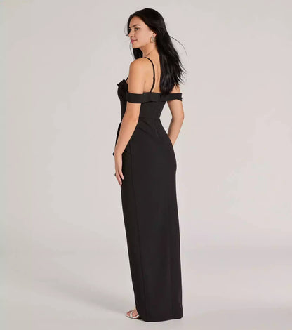 Exquisite crepe off shoulder heart-shaped neckline with adjustable thin shoulder straps, front slit with ruffle edge Prom Dresses