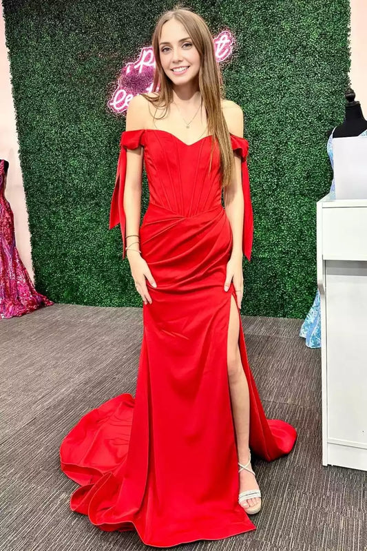 Exquisite mermaid satin off shoulder neckline sleeveless slit zipper back Prom Dresses
