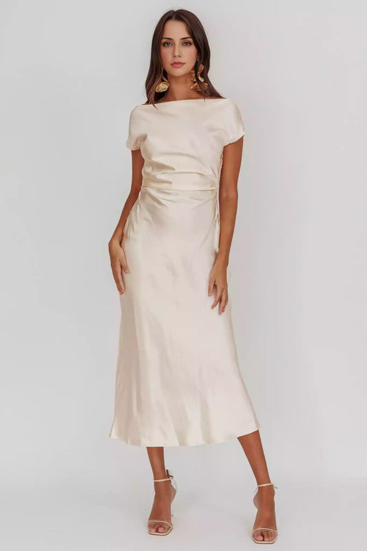 Exquisite satin long mid length backless hanging unlined hidden side zipper Prom Dresses