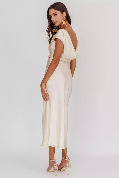 Exquisite satin long mid length backless hanging unlined hidden side zipper Prom Dresses