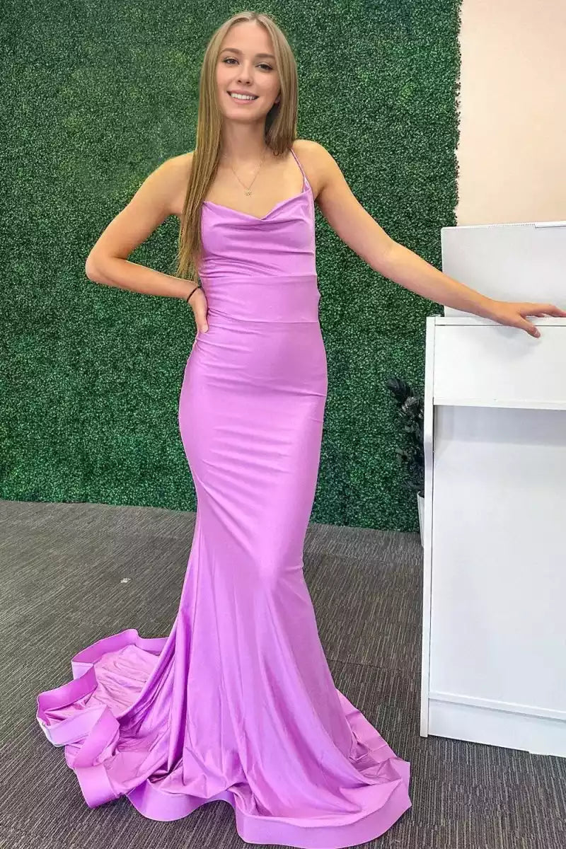 Exquisite slim shoulder strap mermaid pendant neckline, scarf neckline, sleeveless cross tie, back Prom Dresses