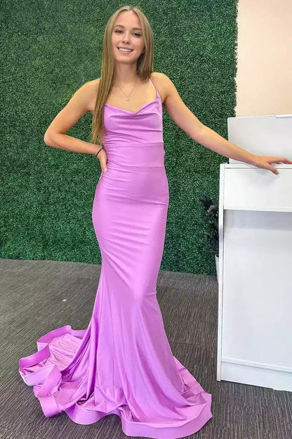 Exquisite slim shoulder strap mermaid pendant neckline, scarf neckline, sleeveless cross tie, back Prom Dresses