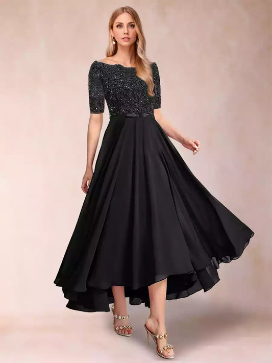 Eye catching A-line/Princess Windstorm Spinning Round Neck Half Sleeve Stickers Mother of the Bride Dresses