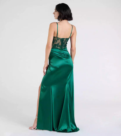 Eye catching elastic satin square neckline, transparent lace sequins, applique, tight fitting corset, high slit Prom Dresses