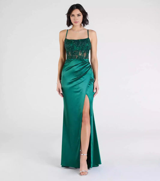 Eye catching elastic satin square neckline, transparent lace sequins, applique, tight fitting corset, high slit Prom Dresses