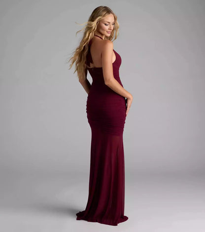 Eye catching mesh deep V backless neckline with hollowed out straps and high slit mermaid silhouette Prom Dresses