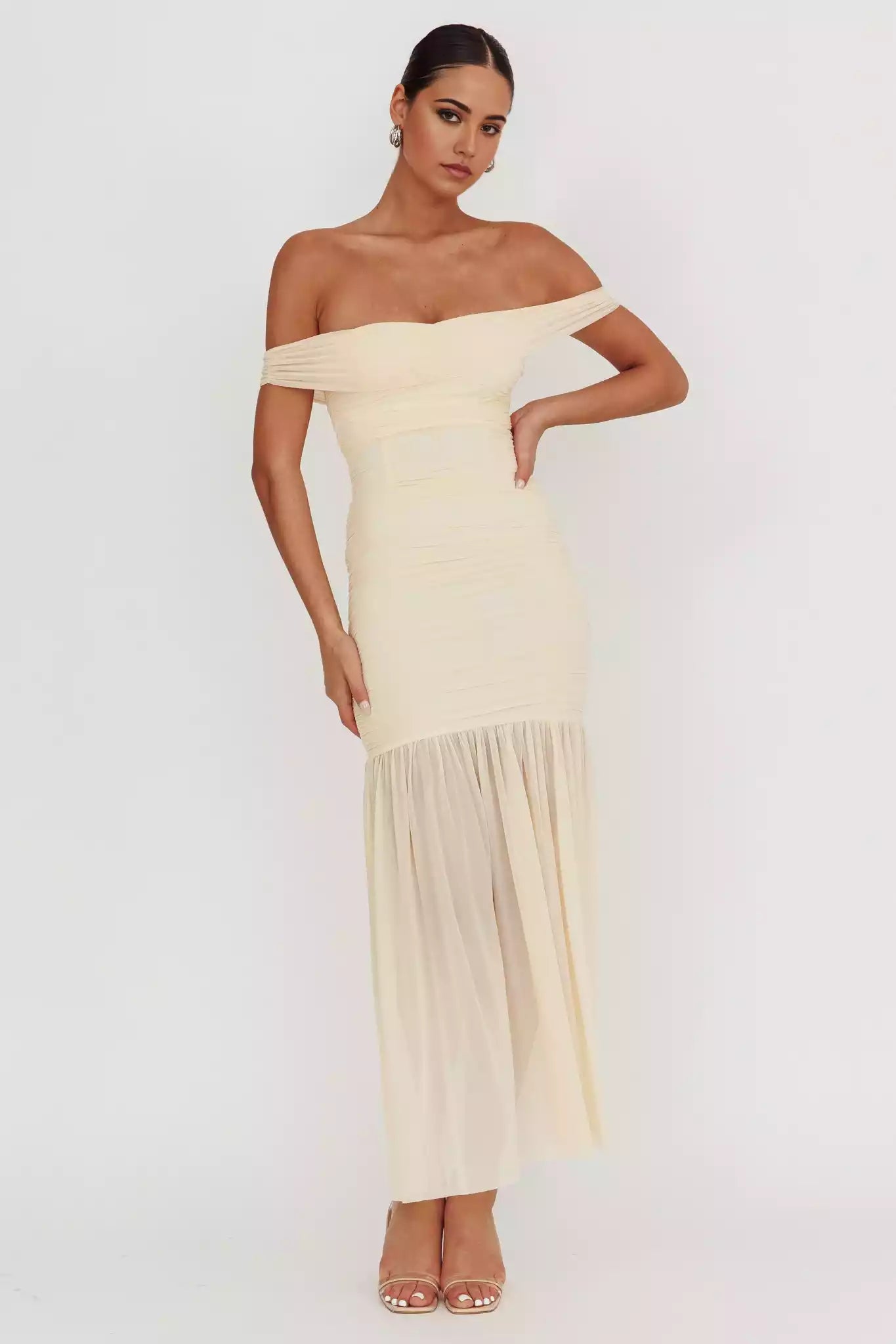 Eye catching pleated mesh off the shoulder, ultra long invisible back zipper lining Prom Dresses