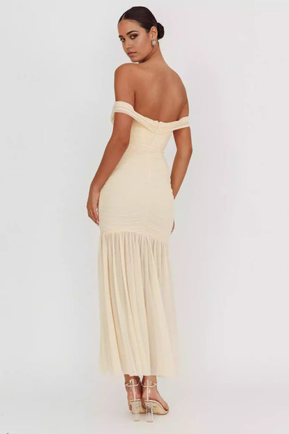 Eye catching pleated mesh off the shoulder, ultra long invisible back zipper lining Prom Dresses