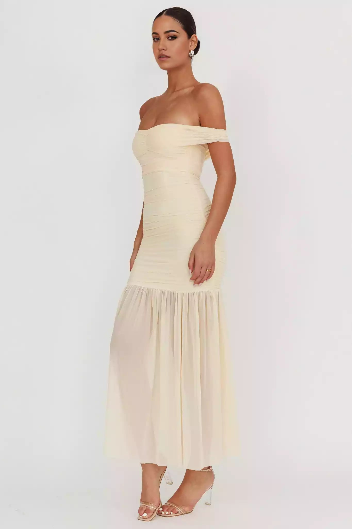 Eye catching pleated mesh off the shoulder, ultra long invisible back zipper lining Prom Dresses