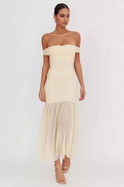 Eye catching pleated mesh off the shoulder, ultra long invisible back zipper lining Prom Dresses
