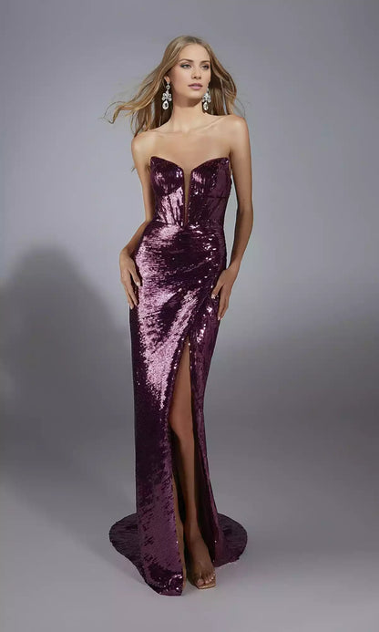 Eye catching strapless long sequined corset with skirt slit and zipper at the back Prom Dresses