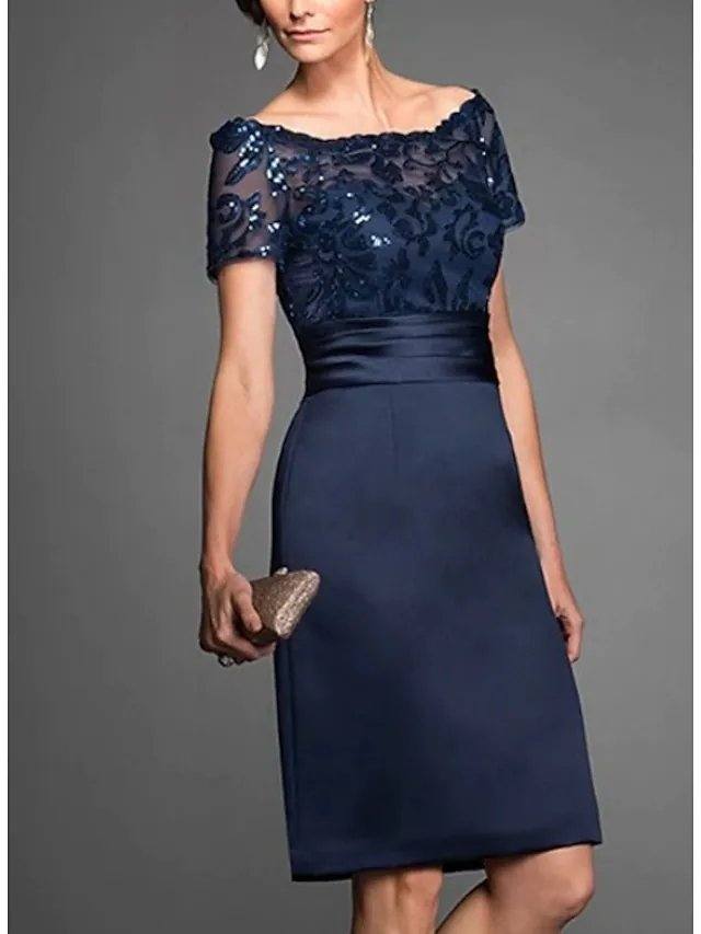 Sheath / Column Mother of the Bride Dress Elegant Off Shoulder Knee Length Chiffon Lace Tulle Short Sleeve with Lace Sequin - RongMoon