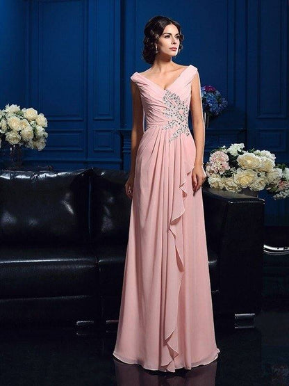 A-Line/Princess V-neck Beading Sleeveless Long Chiffon Mother of the Bride Dresses - RongMoon