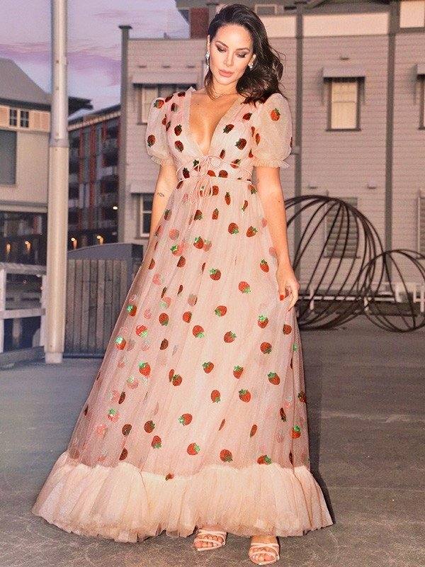 A-Line/Princess Tulle Ruffles V-neck Short Sleeves Floor-Length Dresses - RongMoon