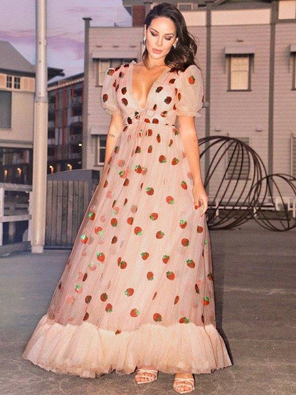 A-Line/Princess Tulle Ruffles V-neck Short Sleeves Floor-Length Dresses - RongMoon