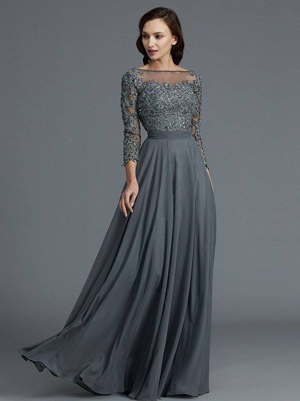 A-Line/Princess 3/4 Sleeves Bateau Floor-Length Chiffon Mother of the Bride Dresses - RongMoon