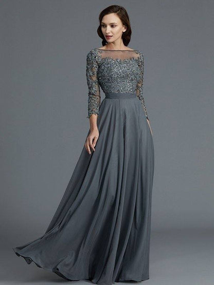 A-Line/Princess 3/4 Sleeves Bateau Floor-Length Chiffon Mother of the Bride Dresses - RongMoon