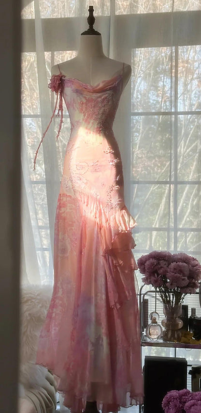 Vintage Pink Floral A-line Spaghetti Strap Irregular Hem Evening Dress Prom Dresses HZ1024