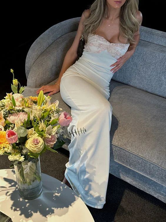 Elegant Strapless White Sheath Evening Dress Long Prom Party Dress cc1976